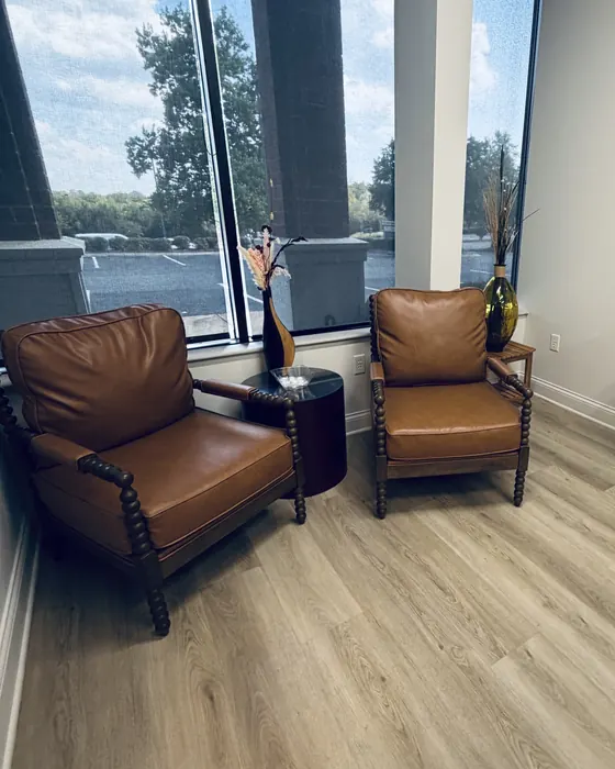 Office seating area with two leather chairs by tall windows and shining floors